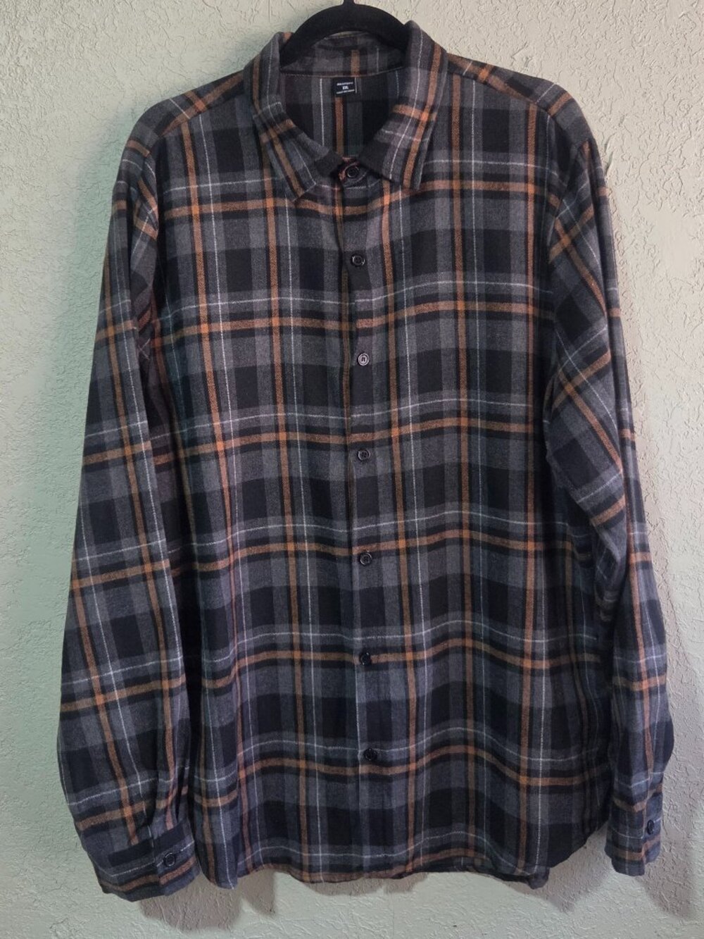 Manfinity Men XXL Plaid Button-Down Shirt Orange Gray Black Flannel Overshirt